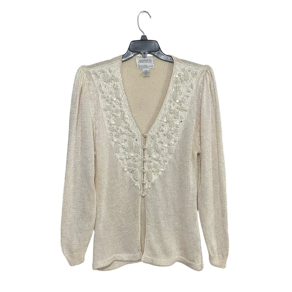 VTG 90s Sideeffects Faux Pearl & Diamond Cardigan Button Size Medium Romantic - Picture 10 of 10